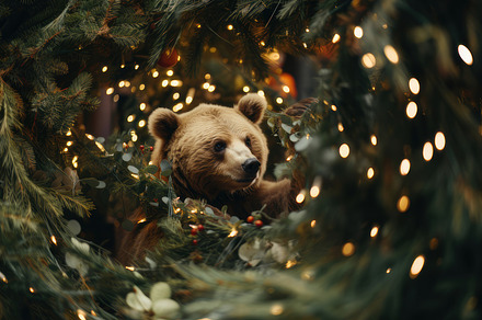 Bear Putting Garland on Christmas Tree with Festive Lights and Decorations, a Photo by AS photostudio