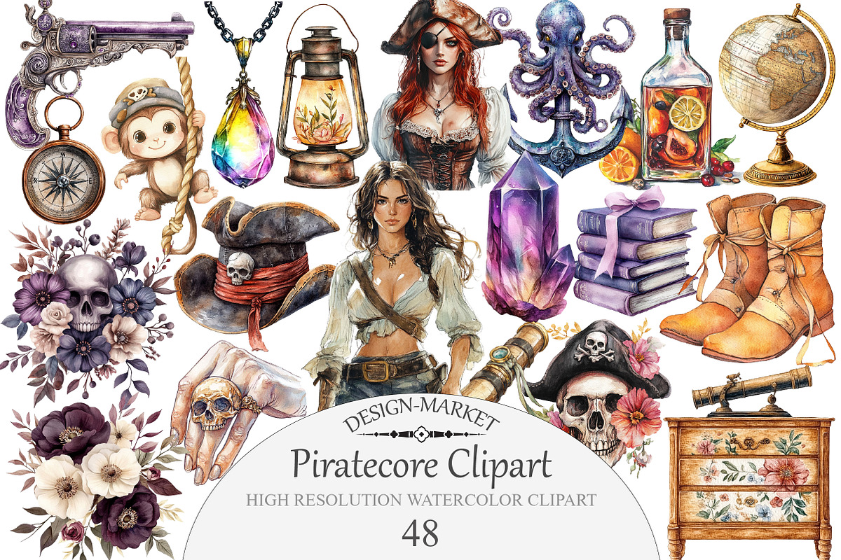 Watercolor Piratecore Clipart, an Illustration by Design Market (Photo 1 of 5)