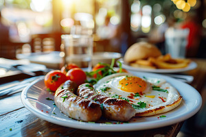 Tasty english breakfast with sausages, eggs, vegetables on the table, a Food & Drink Photo by AlyaAnd
