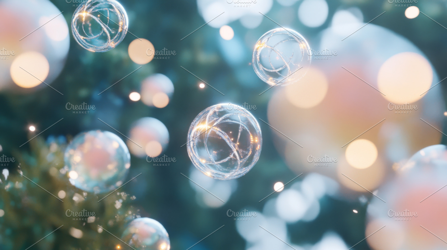 Christmas baubles floating in dreamy, a Photo by Dvoevnore photos