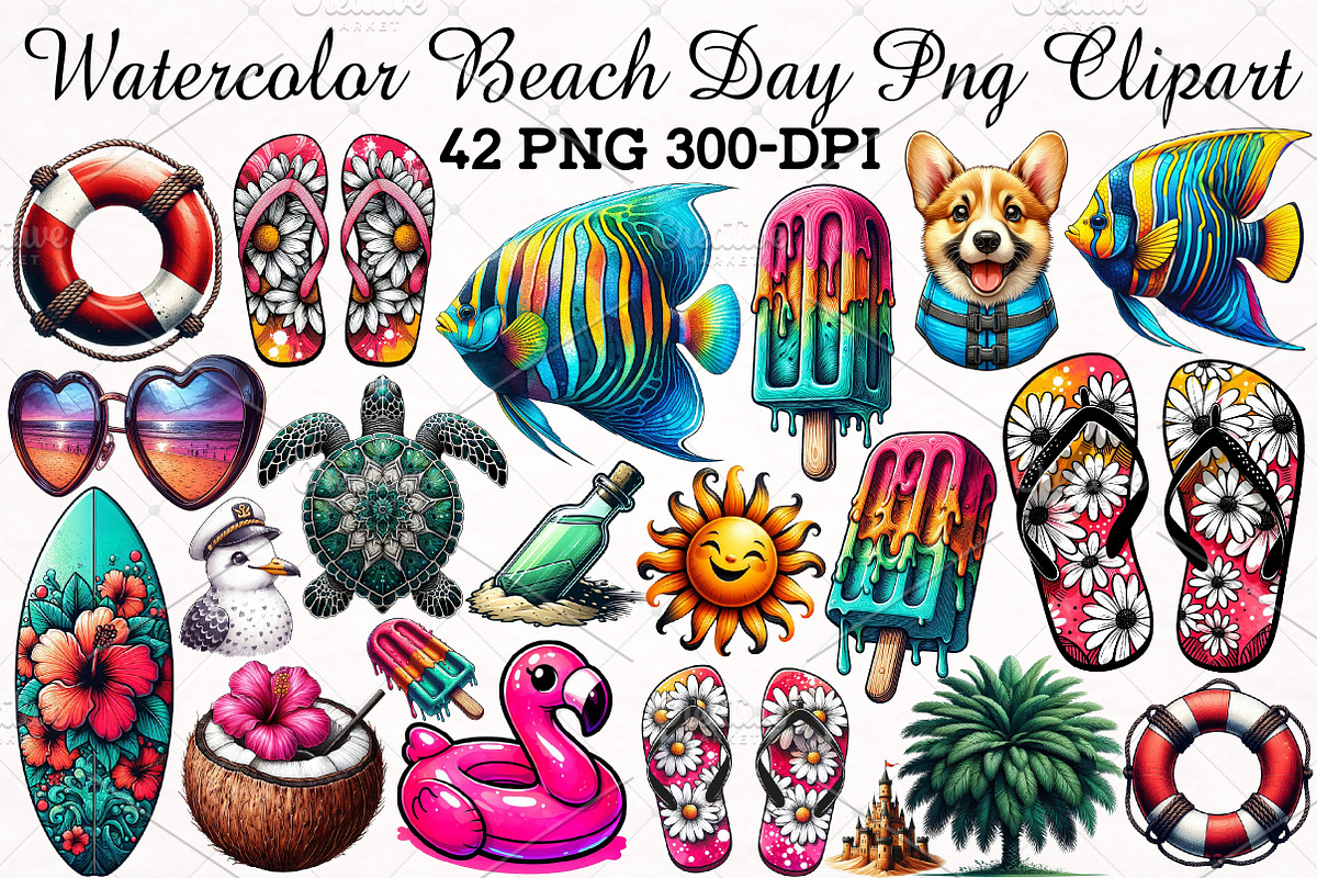 Watercolor Beach Day PNG Clipart Set, an Illustration by RobertsArt (Photo 1 of 5)