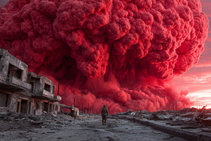 Vivid red explosion clouds rise over destroyed urban landscape, depicting war's, a Photo by AS photostudio