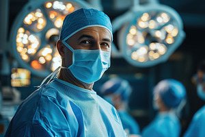A confident neurosurgeon surgeon in scrubs and a mask smiles in an operating ro, a Person Photo by Textures & Backgrounds