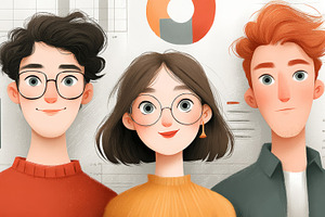 Three young colleagues standing in front of infographics and charts, smiling an, a Photo by AS photostudio