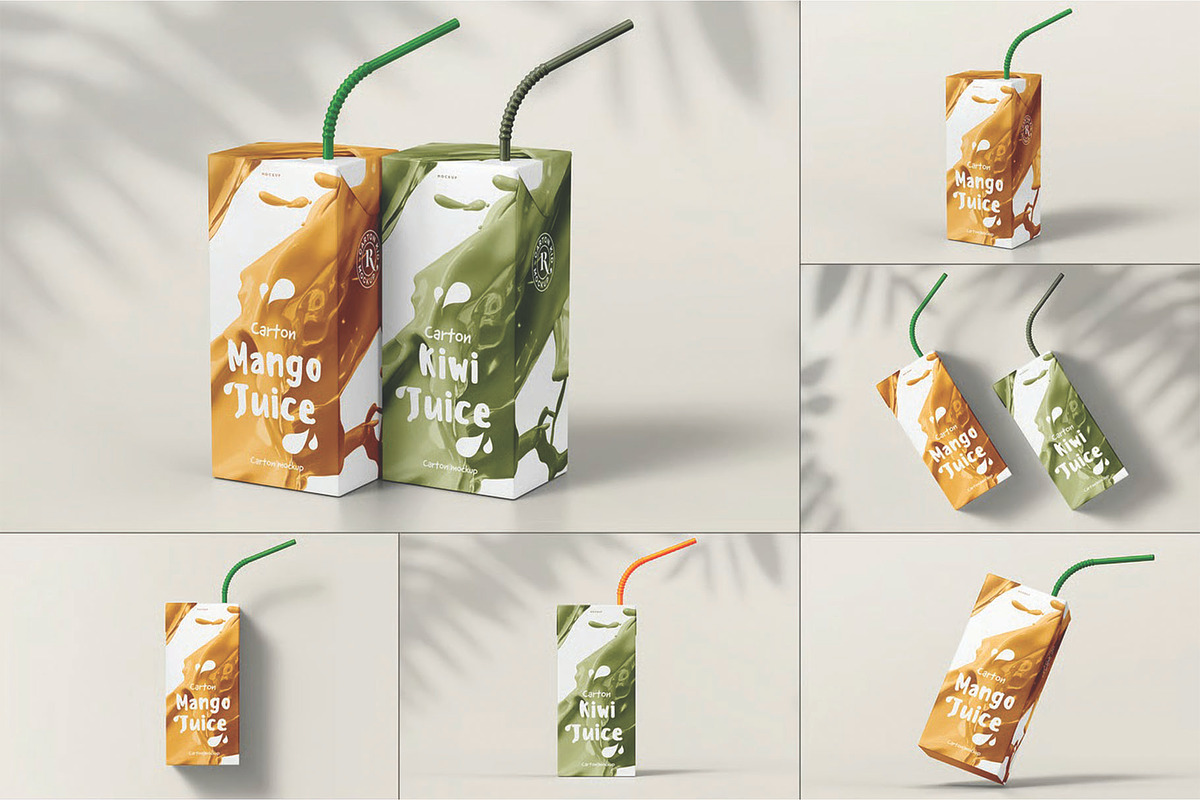 Juice Carton Packaging Box Mockup, a Packaging Mockup by DesignRushMarket (Photo 1 of 15)