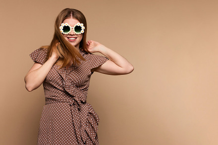 Girl wears beige polka dot dress, a Beauty & Fashion Photo by Elena Vagengeim