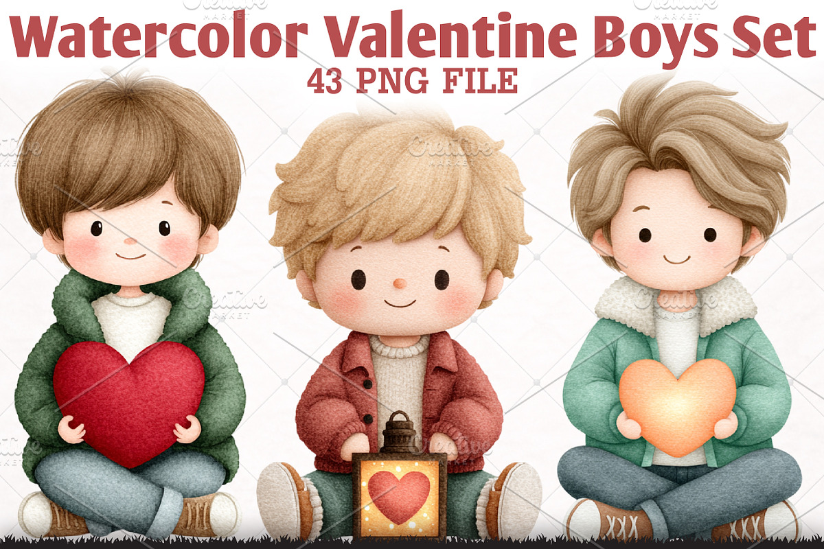 Watercolor Valentine Boys Cliparts, an Illustration by RobertsArt (Photo 1 of 6)