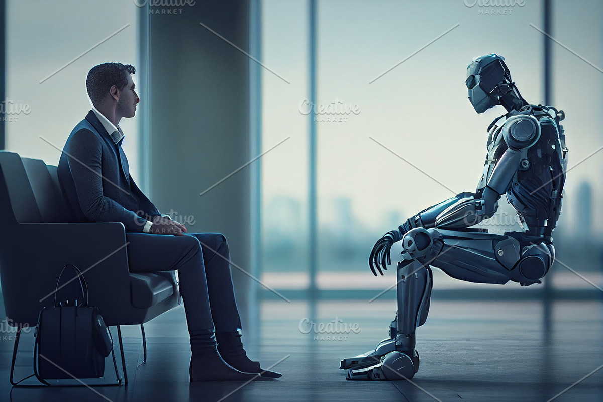 Man and AI robot waiting for a job interview, a Technology Illustration by Olyryk & Aglo