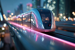 Modern illuminated train in a vibrant city at night, a Transportation Photo by AlyaAnd