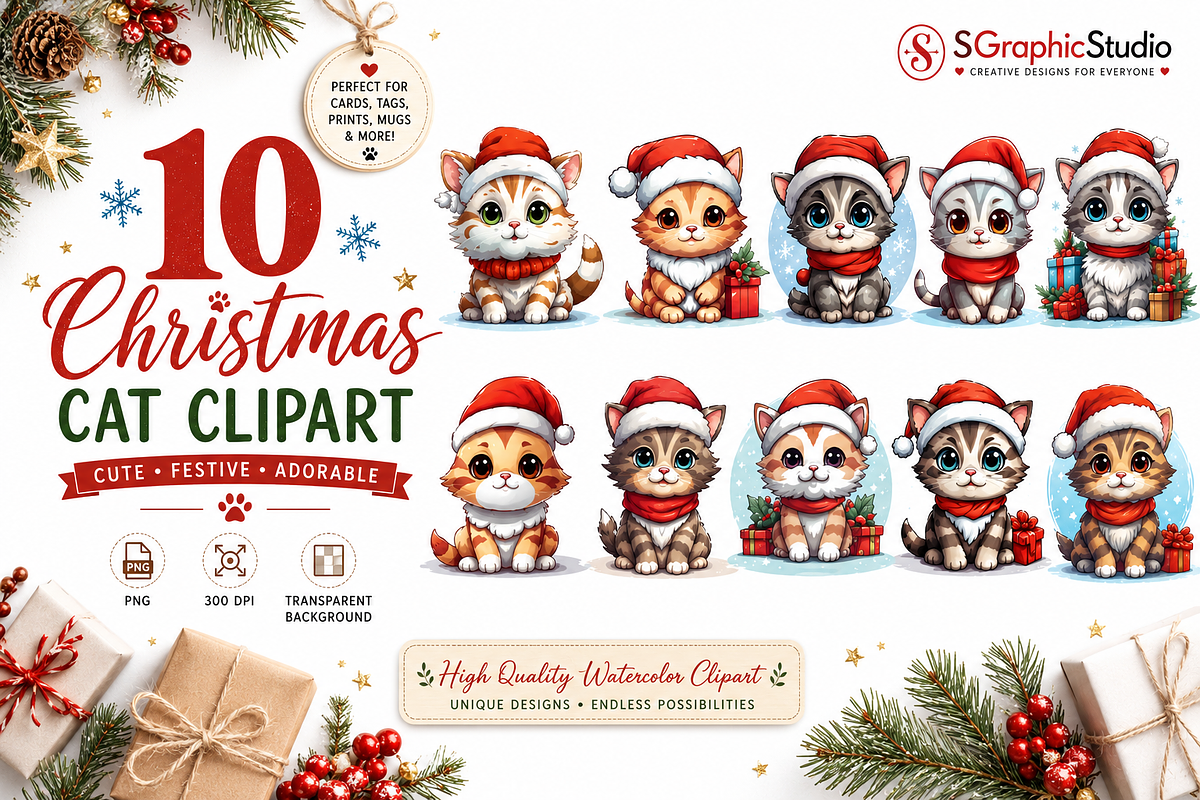 Christmas Cat Watercolor Clipart, an Animal Illustration by S Graphic Studio (Photo 2 of 3)