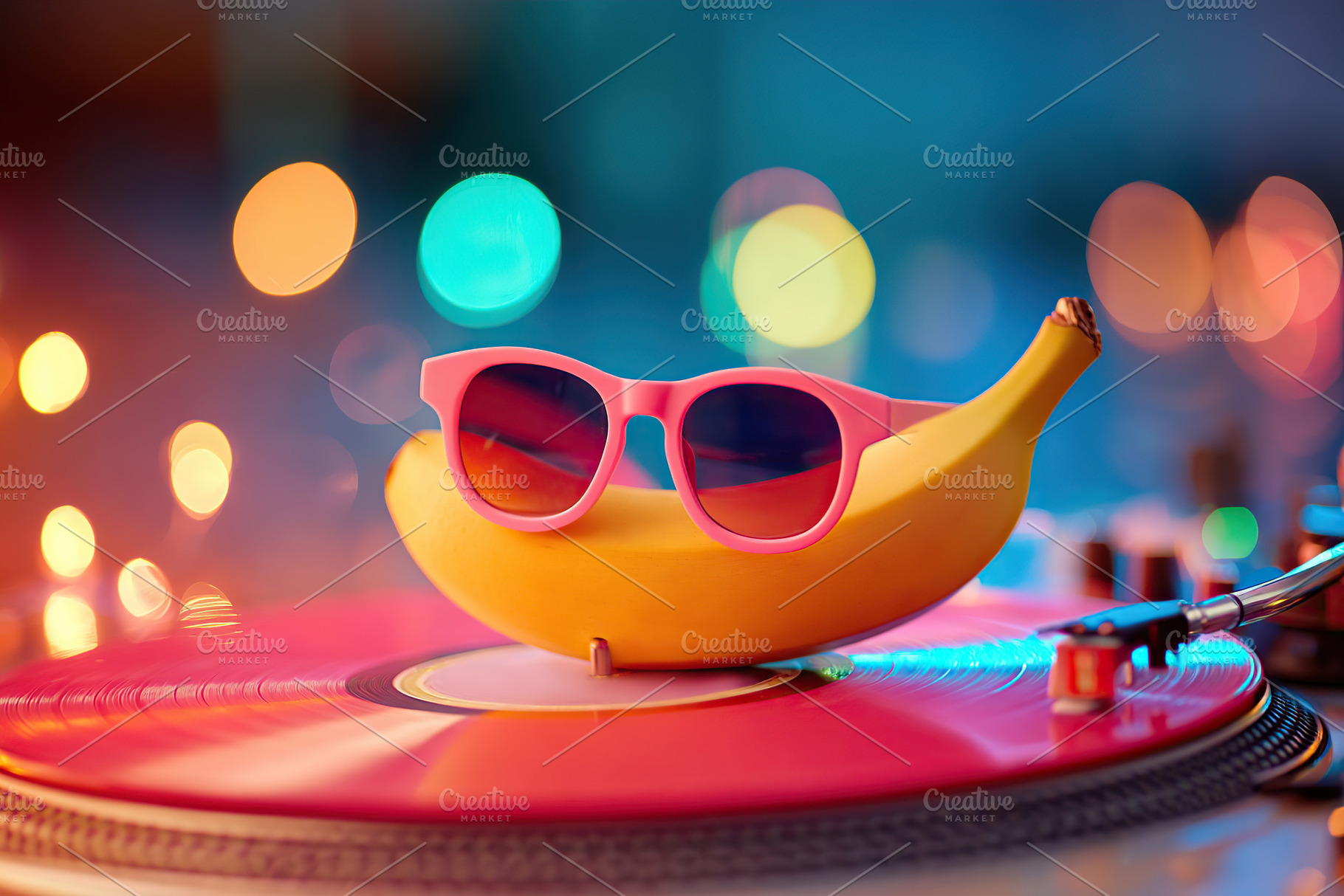 Colorful banana wearing DJ sunglasses sits on a turntable during a vibrant part, a Photo by AlyaAnd