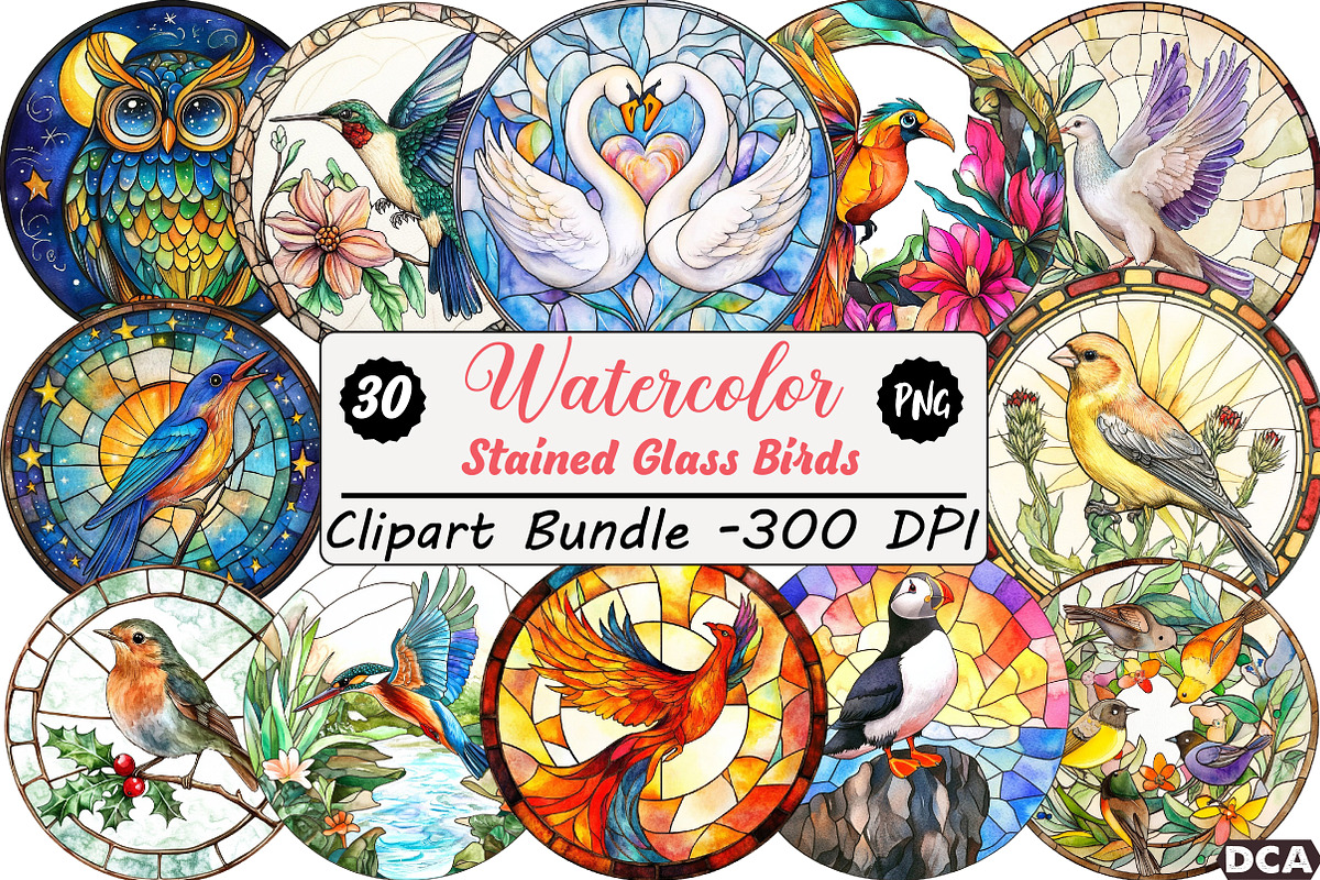Round Stained Glass Birds Clipart, an Illustration by DreamCafeArt (Photo 1 of 9)