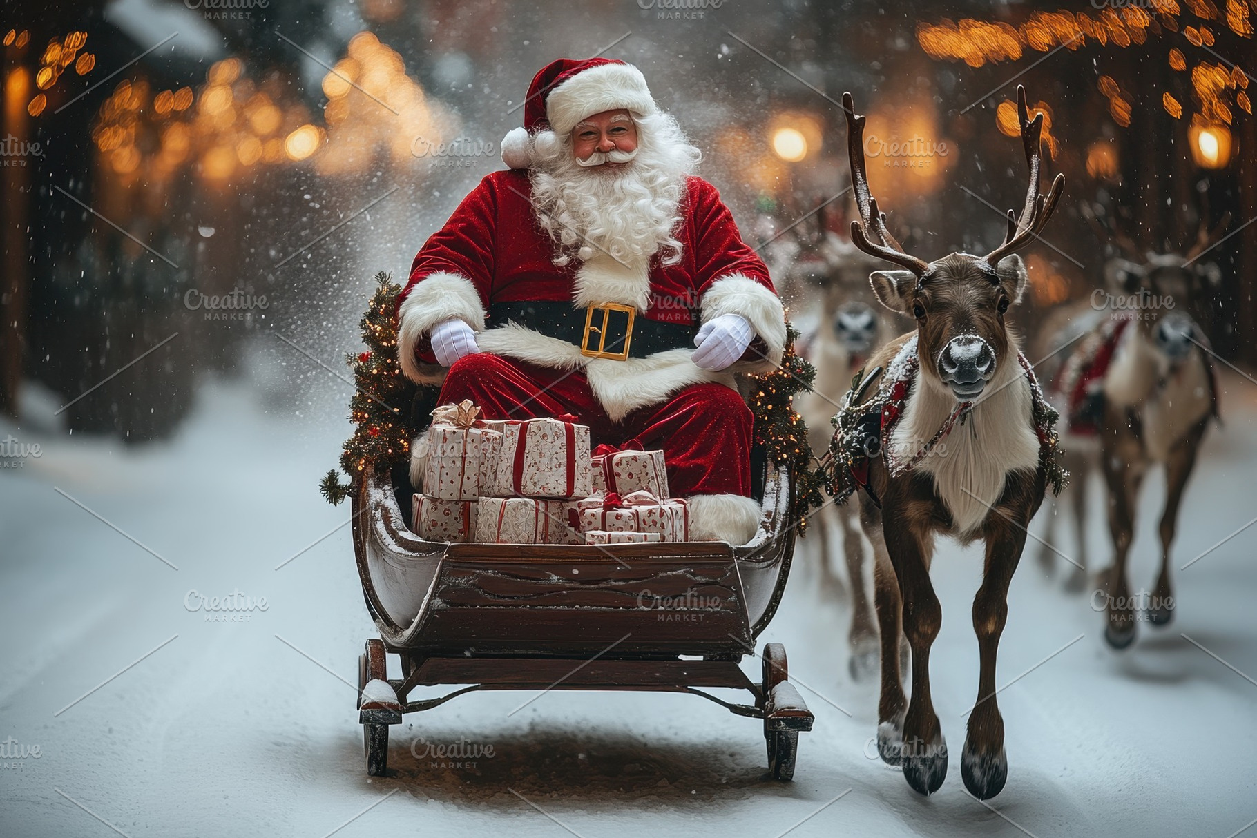 Santa Claus delivers gifts with rein, a Photo by Tanuart