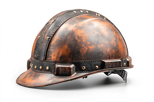 A close-up of a vintage-style hard hat with a distressed leather and metal fini, a Background Photo by ImageMir