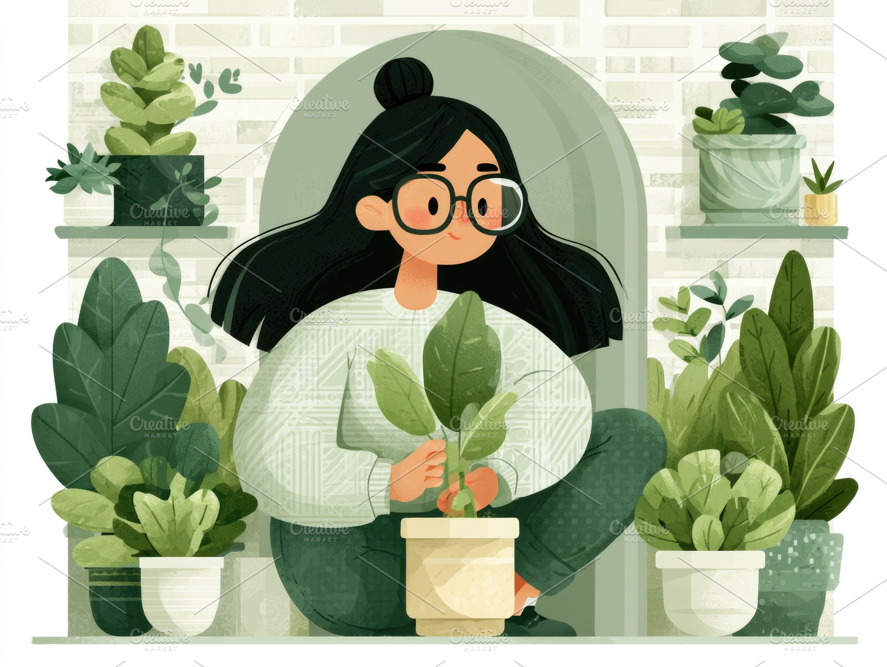 Woman caring for houseplants in cozy indoor garden illustration, a Person Photo by José Manuel Gelpi