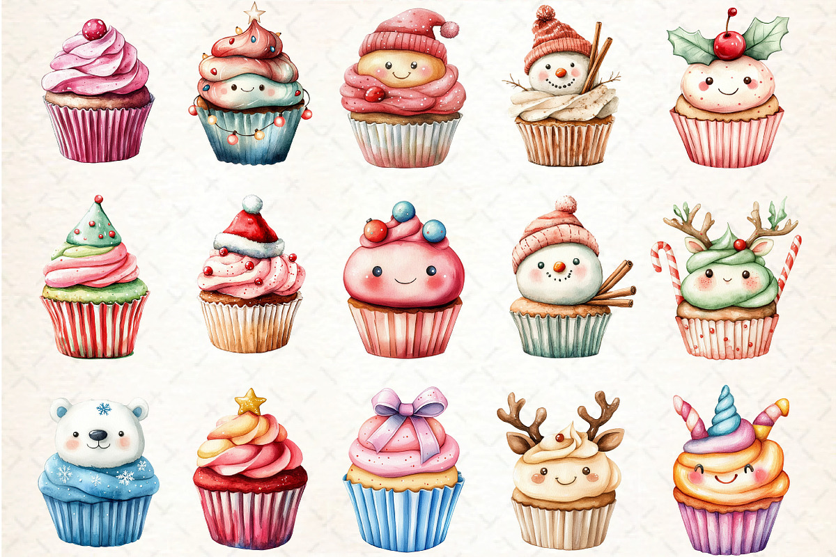 Christmas Kawaii Cupcakes Clipart, an Illustration by DreamCafeArt (Photo 3 of 5)