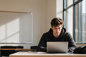 Student works alone on laptop, a Photo by Beautiful things
