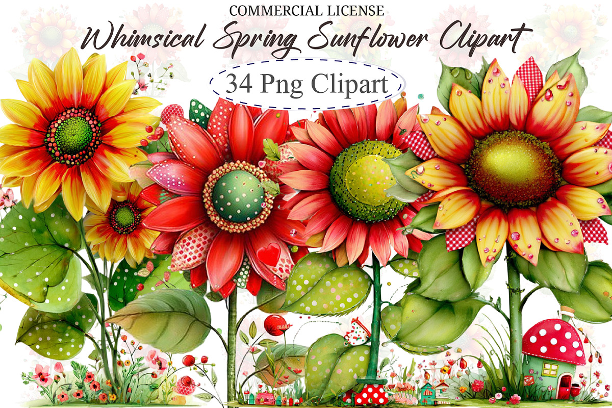 Whimsical Spring Sunflower Clipart, an Illustration by designcity5 (Photo 1 of 5)