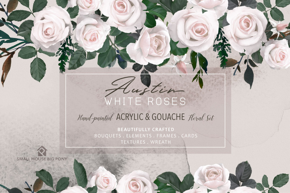 White Austin Roses - Floral Set, a Graphic by SmallHouseBigPony (Photo 1 of 6)