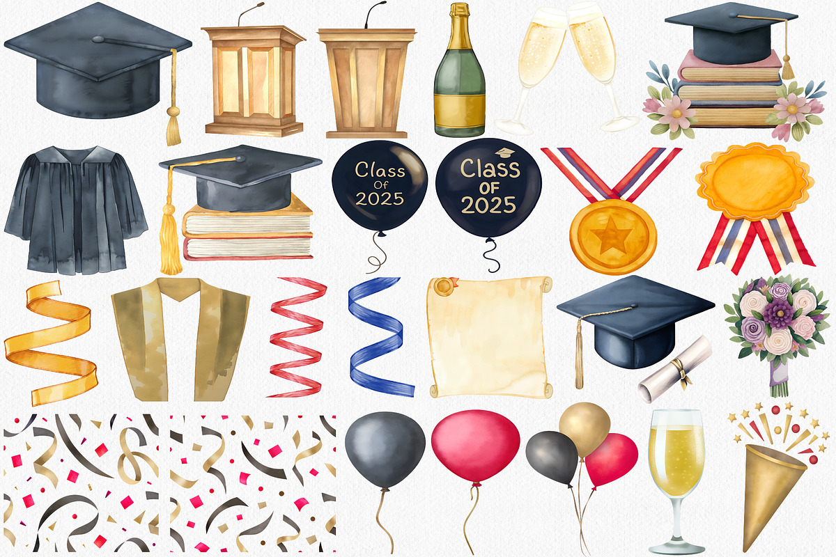 Watercolor Graduation Clipart Set, an Illustration by CropUp Creative (Photo 2 of 4)