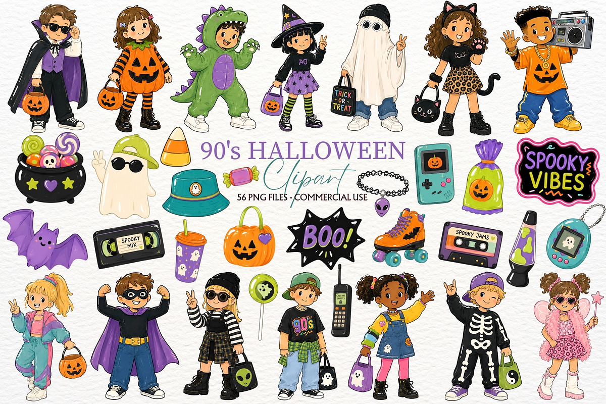 90s Kids Halloween Party Clipart PNG, a Seasonal Illustration by SugarCloudStudioArt (Photo 1 of 6)