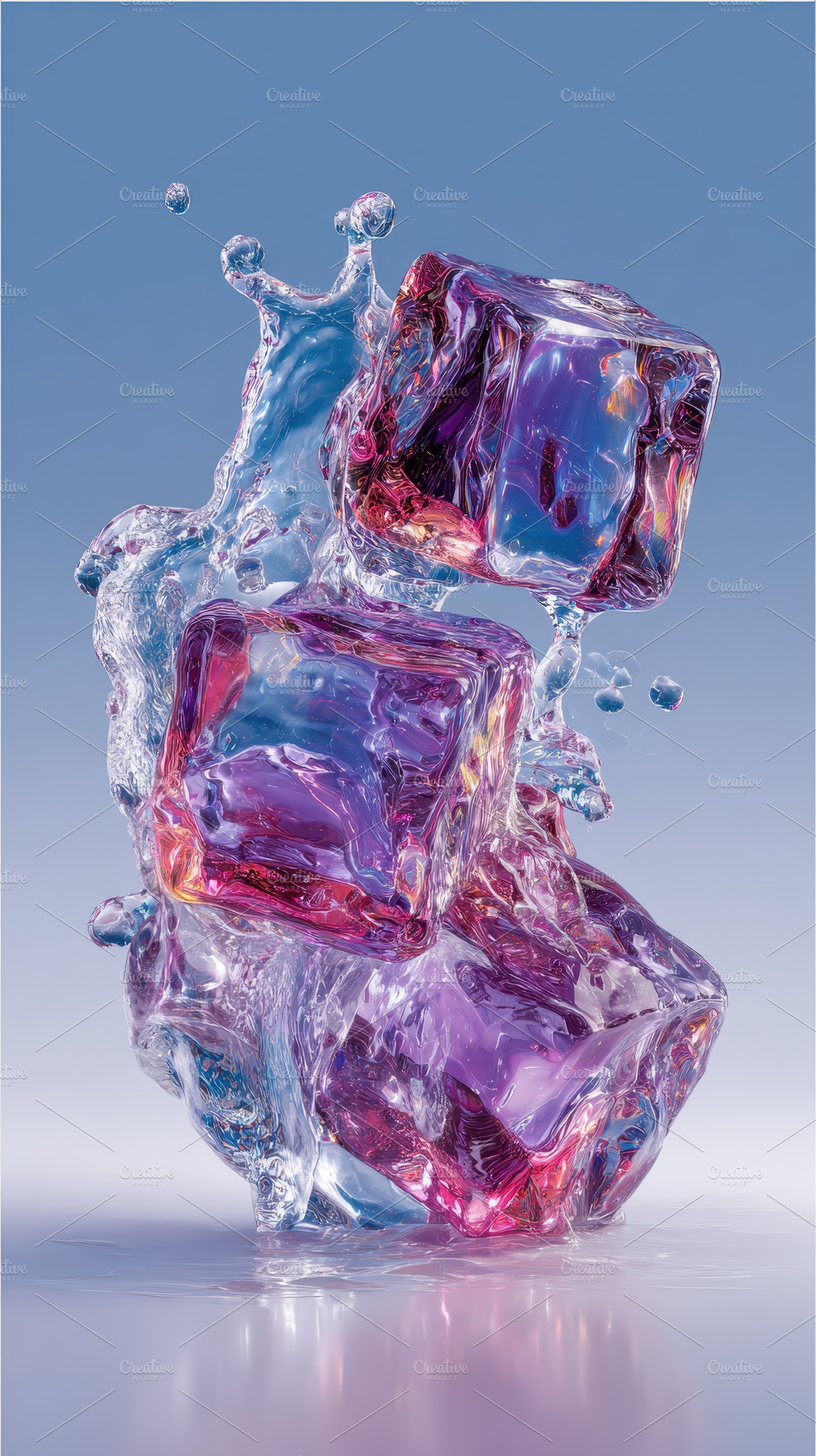 Icy purple cubes splashing water art, a Photo by Pixeness Studio