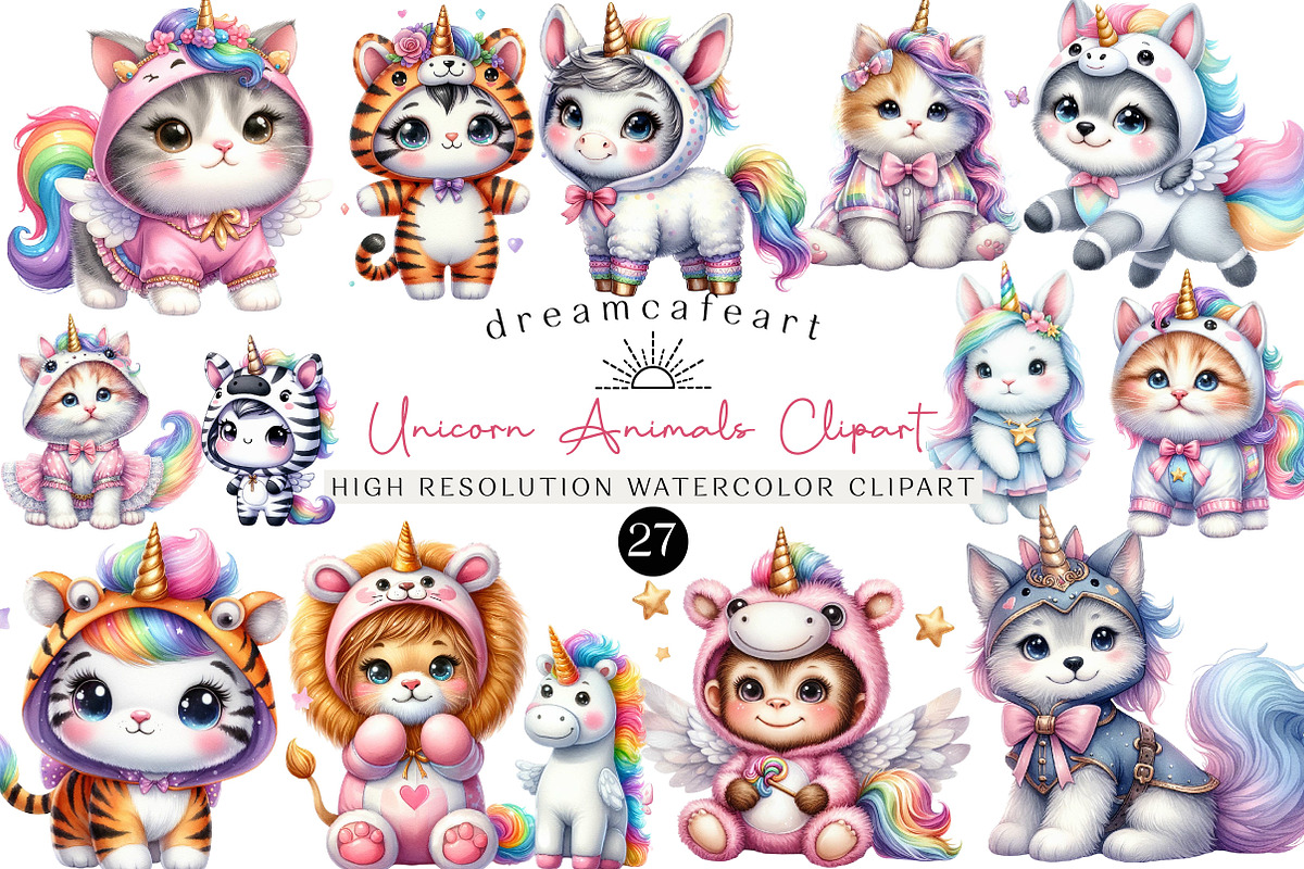 Adorable Unicorn Animals Clipart, an Illustration by DreamCafeArt (Photo 1 of 6)