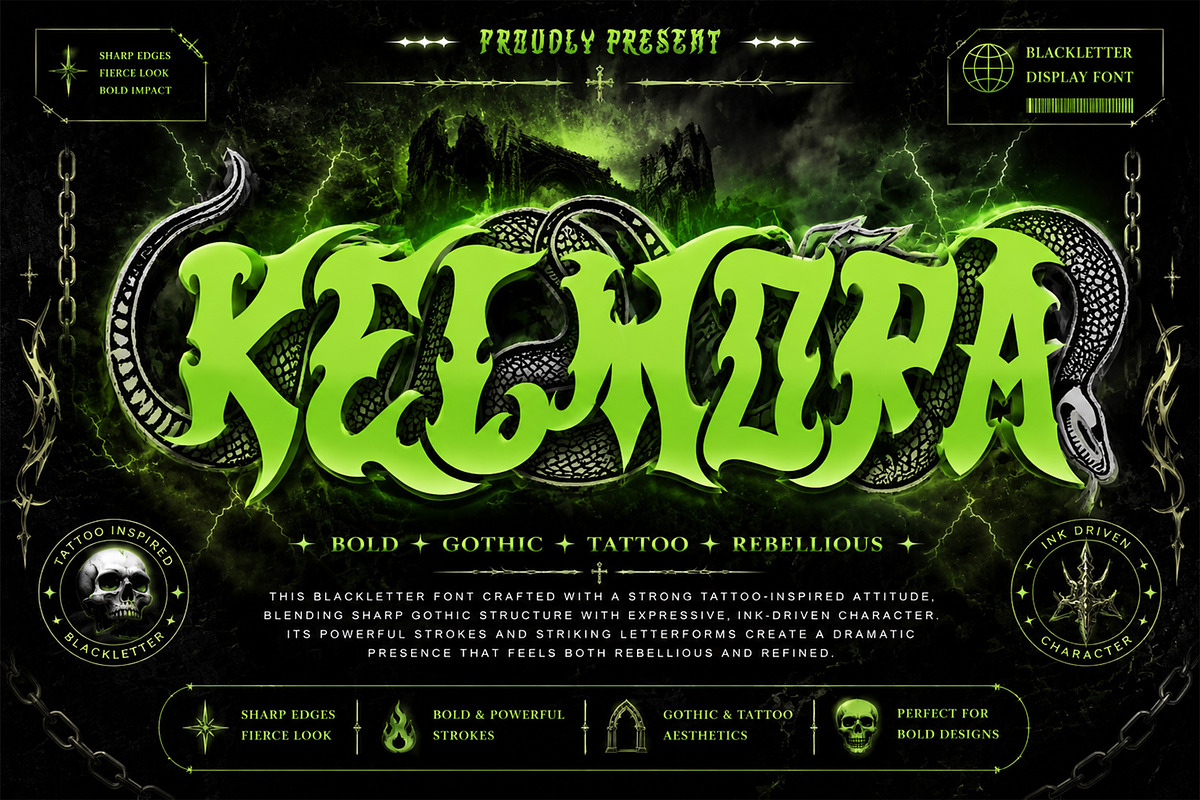 Kelmora - Retro Gothic Tattoo Font, a Blackletter Font by Letterara (Photo 1 of 15)