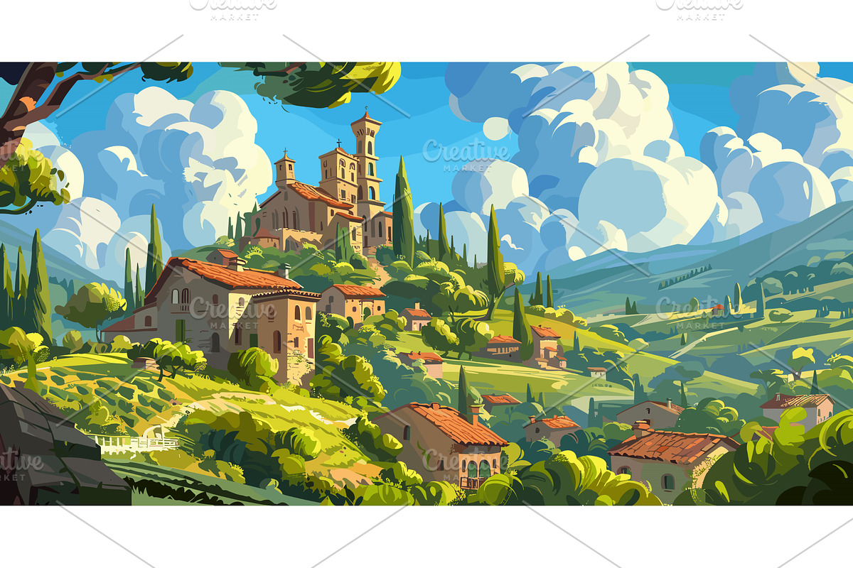 Pienza Tuscany Landscape Adventure, an Illustration by LadadikArt