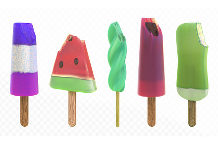 3d frozen treats on wooden sticks, a Food Illustration by art PVP - market