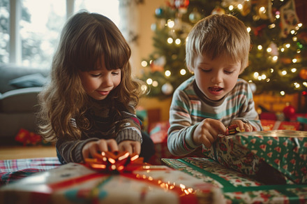 Two Young Children Opening Presents, a Photo by Iftikhar Alam