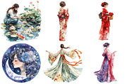 Watercolor Japanese Flower Maiden Cl, an Illustration by DreamCafeArt (Thumbnail 4 of 7)