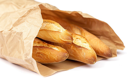 Freshly baked baguette in paper bag isolated on white background, a Food & Drink Photo by AlyaAnd