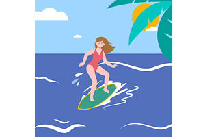 Surfing on beach. Young female, a Sport Illustration by LadadikArt