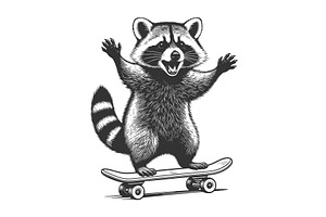 Raccoon Riding Skateboard engraving, an Animal Illustration by AlexArt