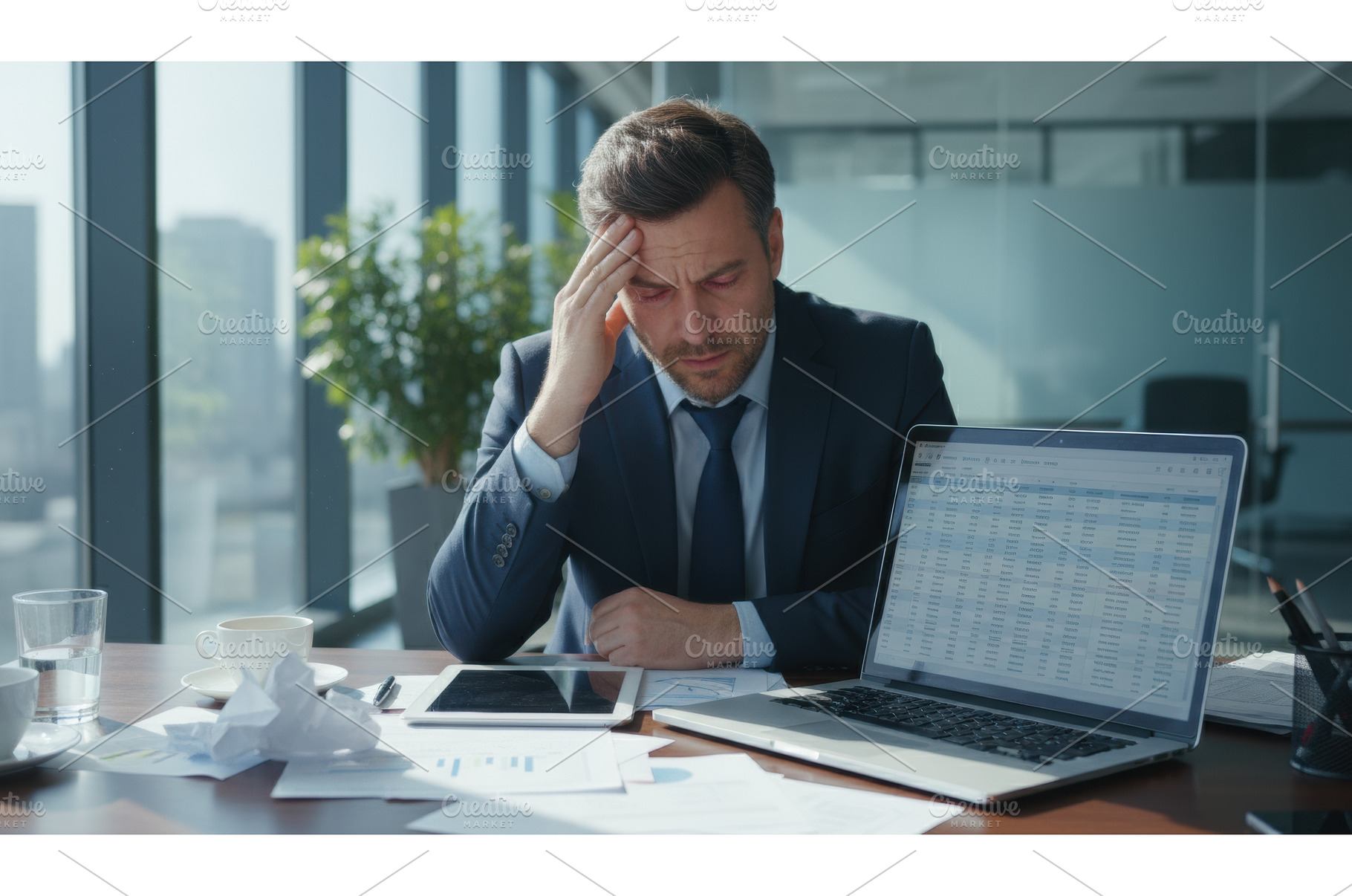 Frustrated businessman with head in, a Business Photo by Igor Tichonow