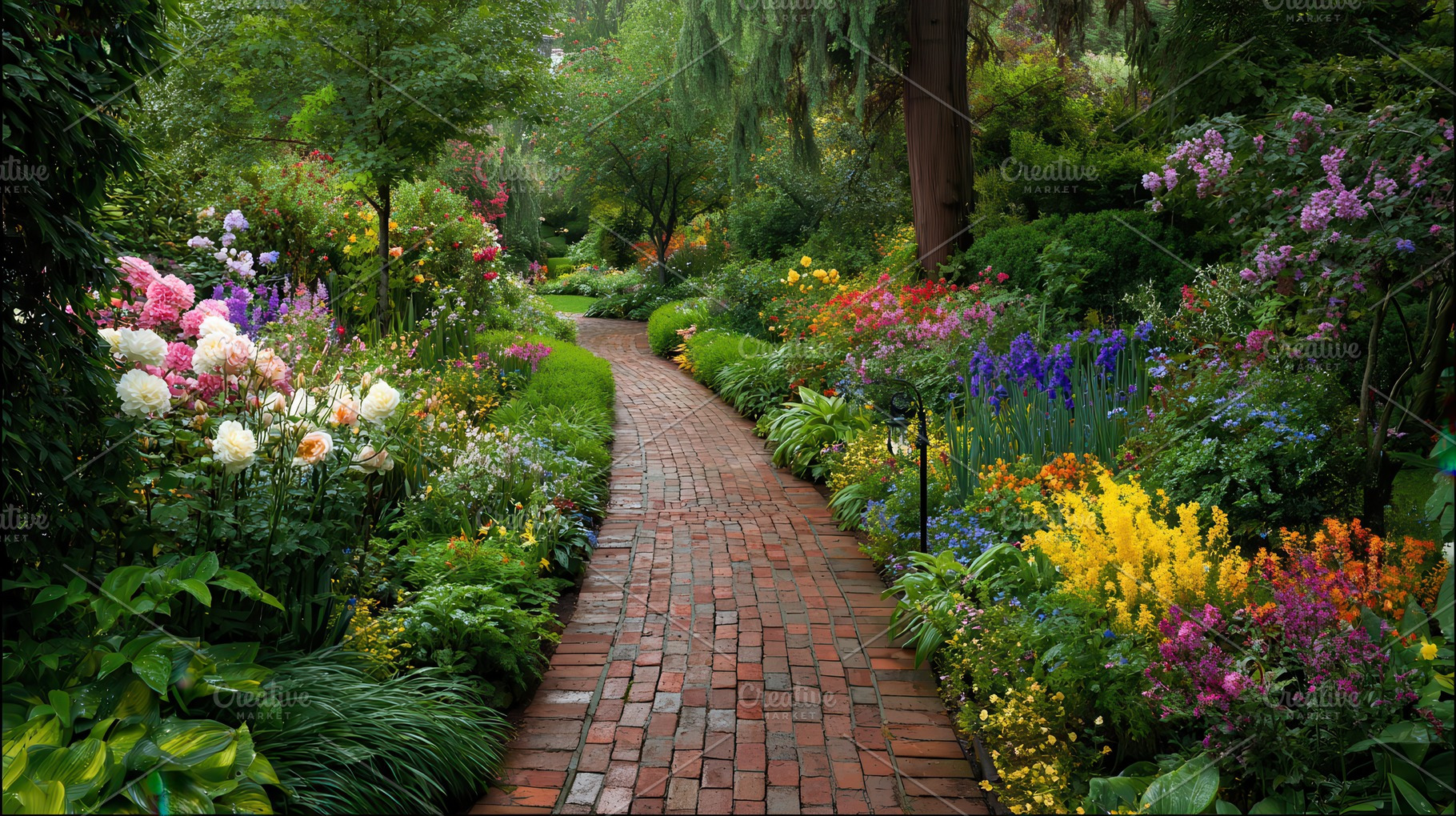 Sunlit path winds through flowers, a Photo by Pavel_design