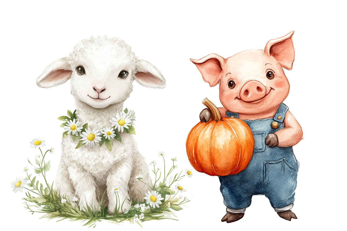 WatercolorCute Farm Clipart, Animals, an Animal Illustration by Designworld (Photo 6 of 7)