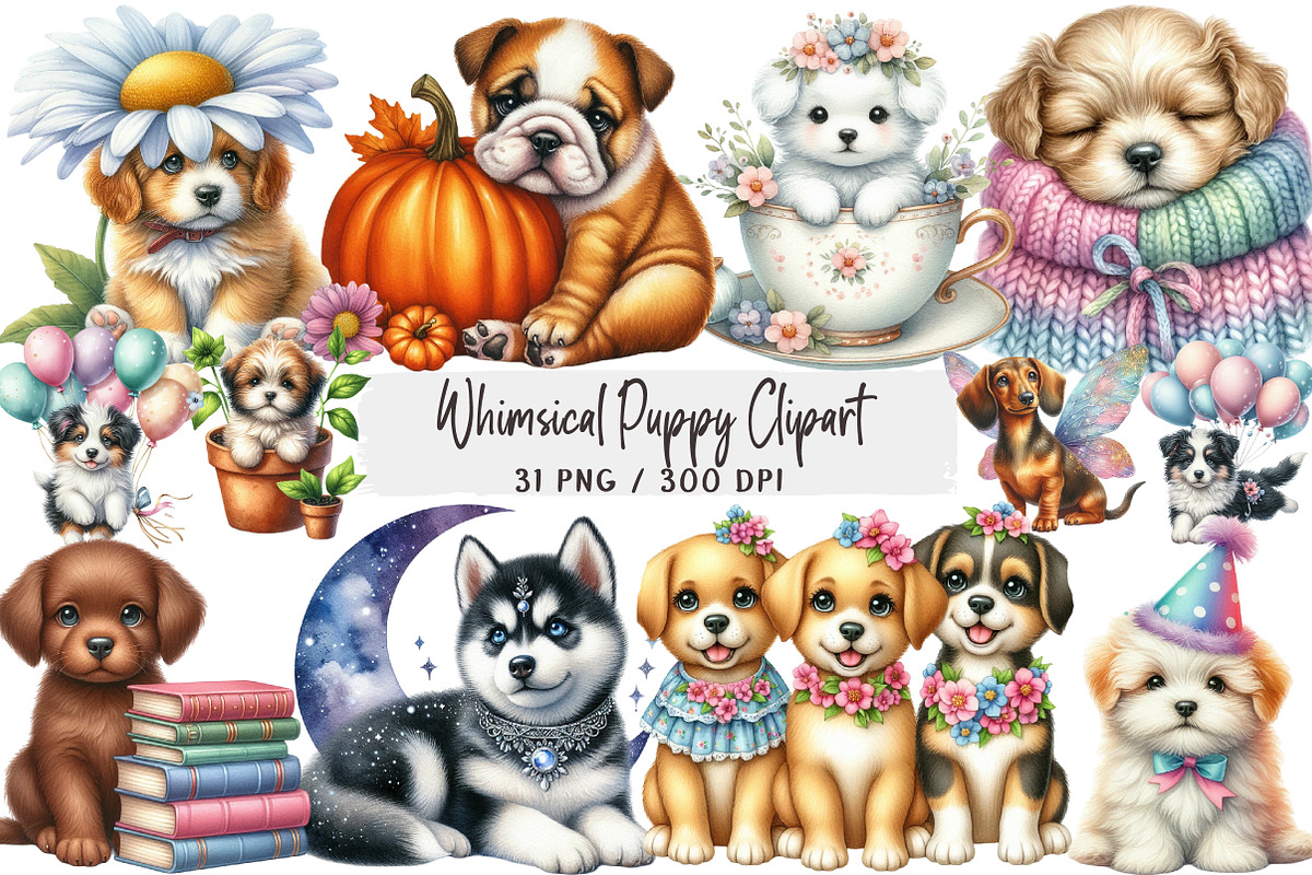 Whimsical Puppy Clipart, an Illustration by DreamArtGraphic (Photo 1 of 4)