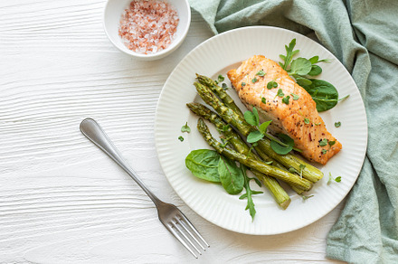 Baked Delicious salmon, green asparagus on  plate, a Food & Drink Photo by Olena Rudo