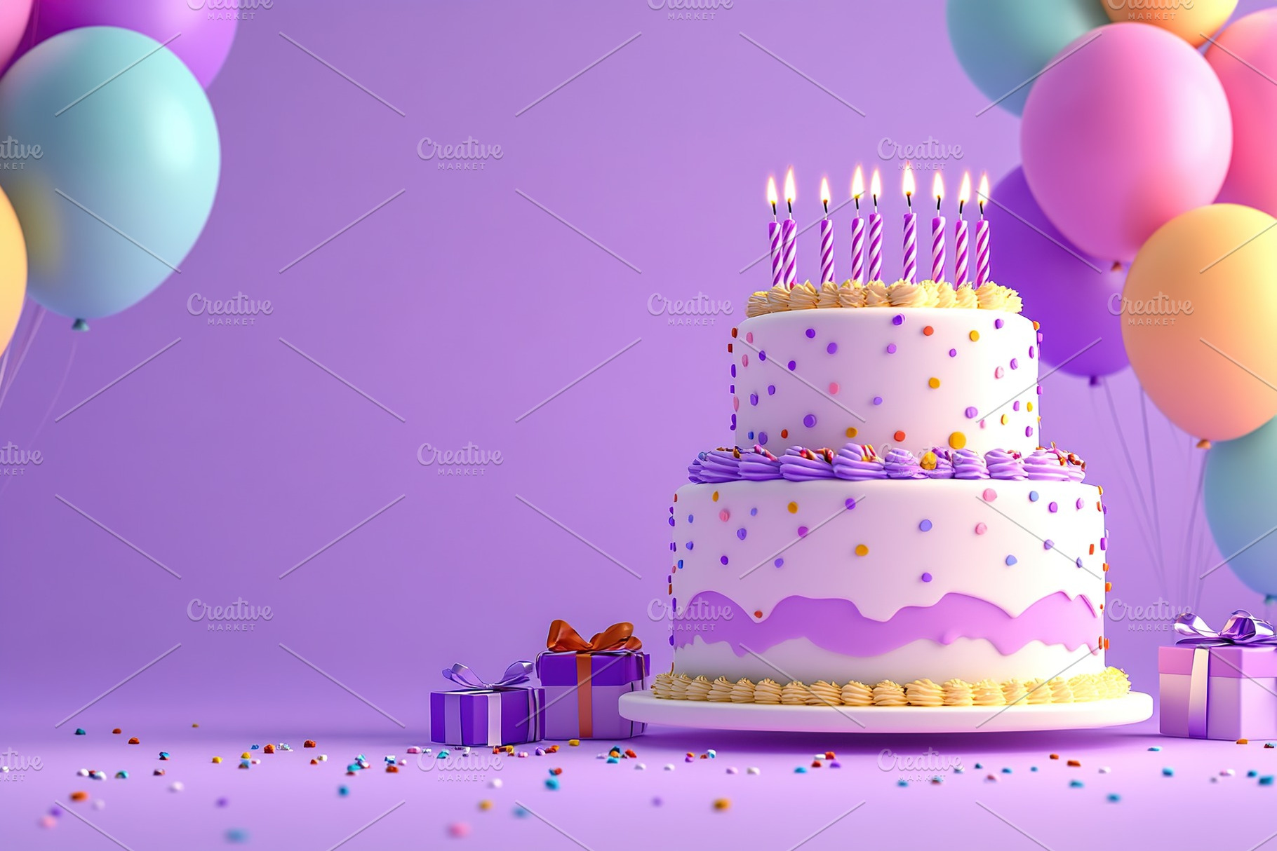 Illustration of tiered birthday cake with party balloons and candles, a Food & Drink Photo by AlyaAnd