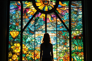 A silhouette of a stained glass artist person standing in front of a large, col, a Person Photo by Textures & Backgrounds