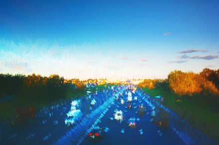 Traffic jam on sunset autumn road illustration, a Transportation Photo by RETROWAVE '88