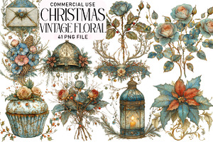 Vintage Floral Christmas Clipart Bun, an Illustration by Daily.Designs