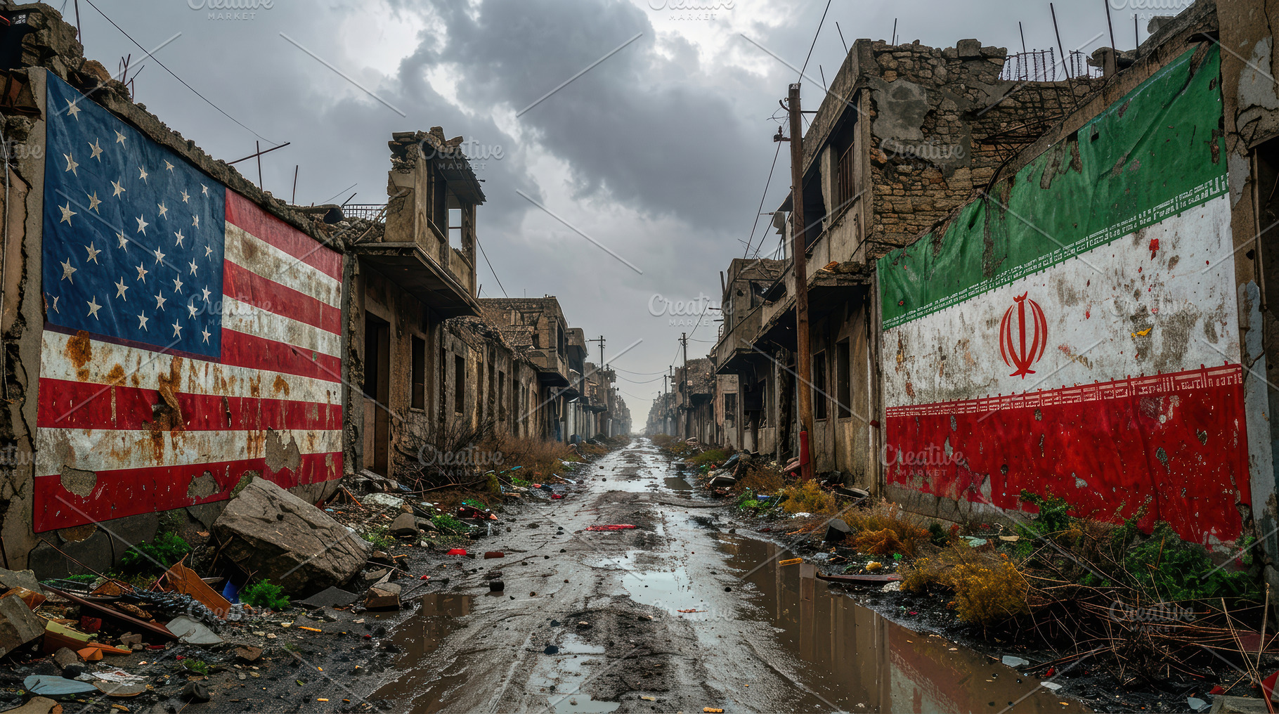 Ruined Street Between US and Iran Flags, war concept, an Abstract Photo by Davizro's Market