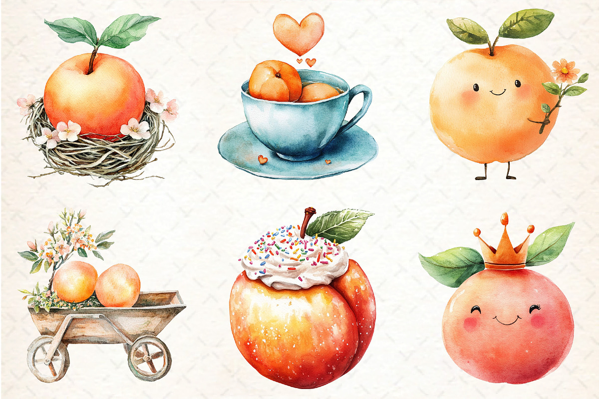 Watercolor Cute Peaches Garden Fruit, an Illustration by DreamCafeArt (Photo 4 of 8)