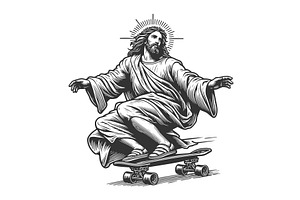Jesus Riding Skateboard engraving, an Illustration by AlexArt