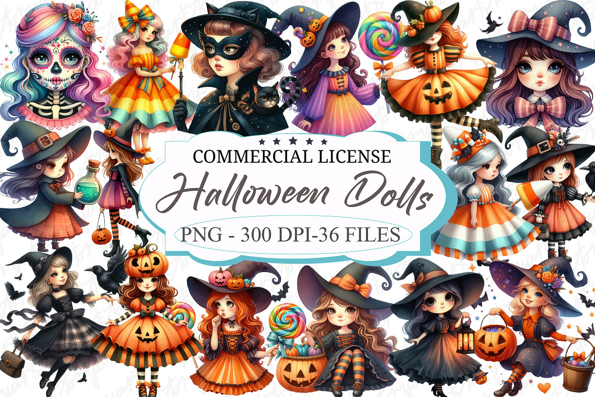 Whimsical Halloween Dolls Clipart, an Illustration by designcity5 (Photo 1 of 5)