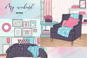 My Weekend Clipart | Bedroom, a Decorative Illustration by GlamArtZhanna