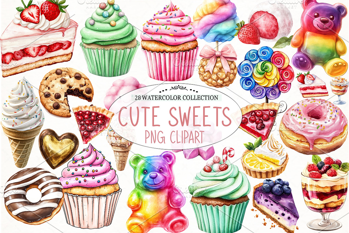 Watercolor Cute Sweets Clipart, an Illustration by Watercolor design (Photo 1 of 4)